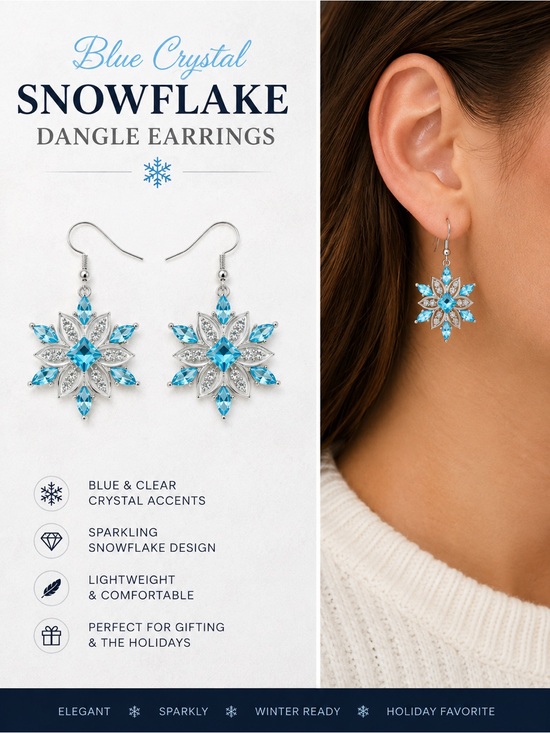 Unbranded Jewelry - Blue Snowflake Rhinestone Dangle Earrings on Silver Hooks - New